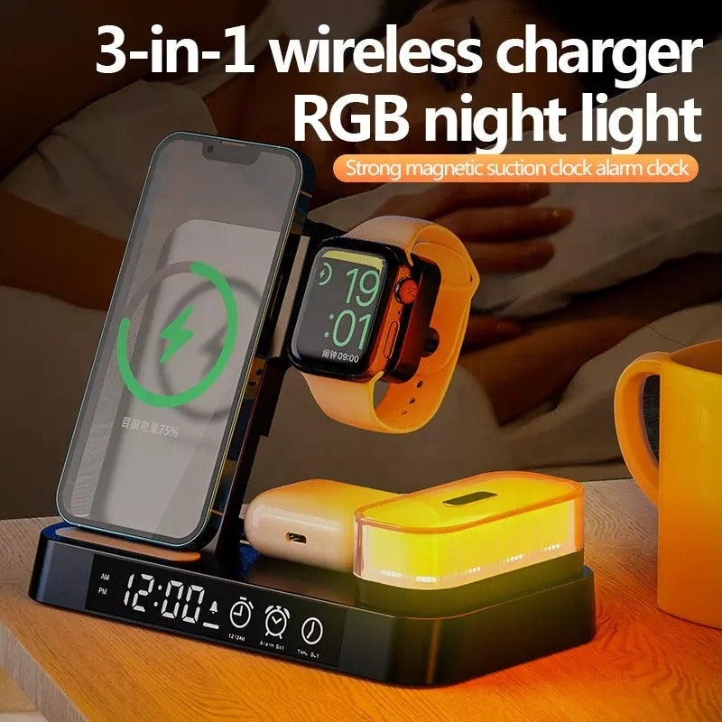 Chargeur Sans Fil 3 en 1 avec Lumière RGB et Réveil
