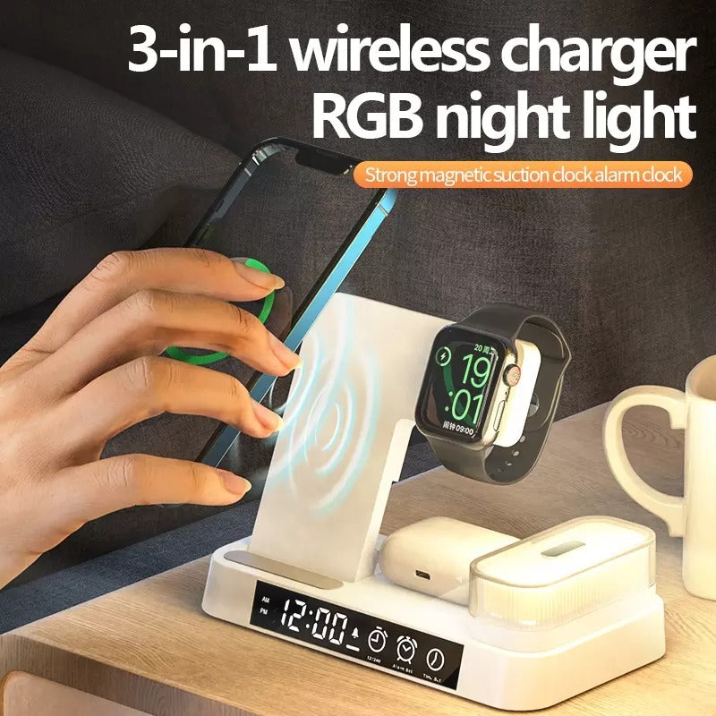 Chargeur Sans Fil 3 en 1 avec Lumière RGB et Réveil