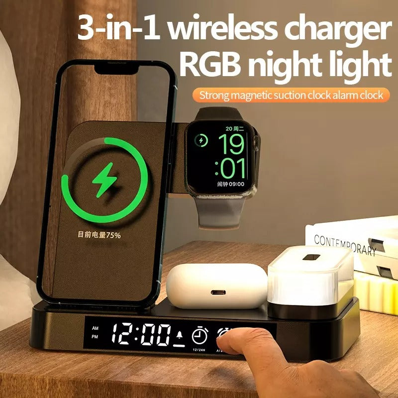 Station de Charge sans fil 3 en 1 multifonction avec réveil numérique pour  smartphone, montre et